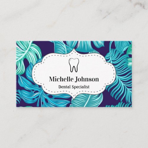 Blue Tropical Leaves Tooth Dental Clinic Dentist Business Card