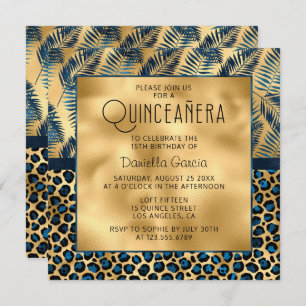 Blue Tropical Leopard Print Shimmer Quinceañera Invitation