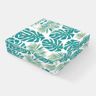 Blue tropical monstera and palm leaves paperweight