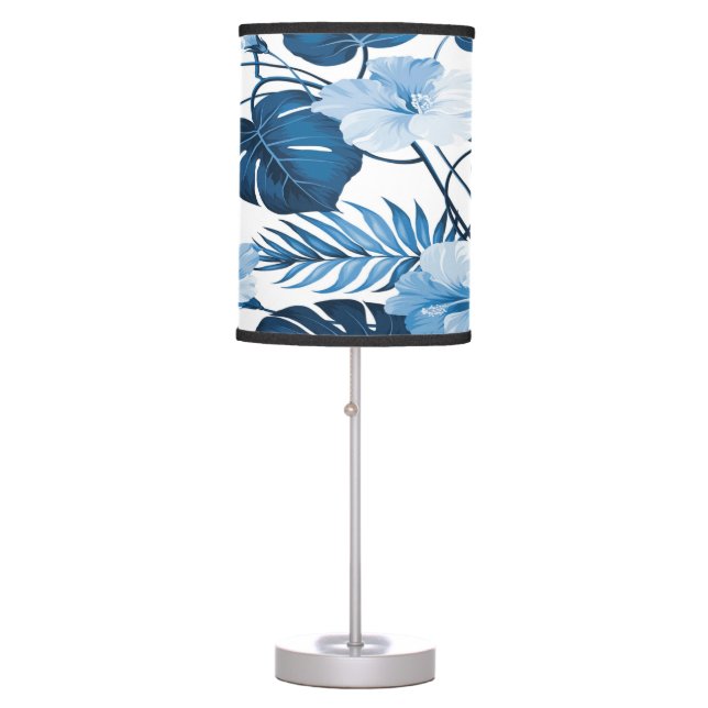 Blue Tropical Monstera Floral Beach House Table Lamp (Front)