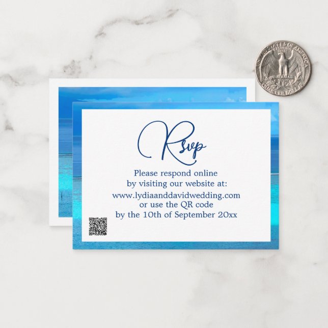 Blue Tropical  Ocean Destination Wedding RSVP Note Card (Front/Back In Situ)