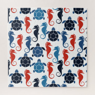 Blue Tropical Ocean Sea Turtle Seahorses Jigsaw Puzzle