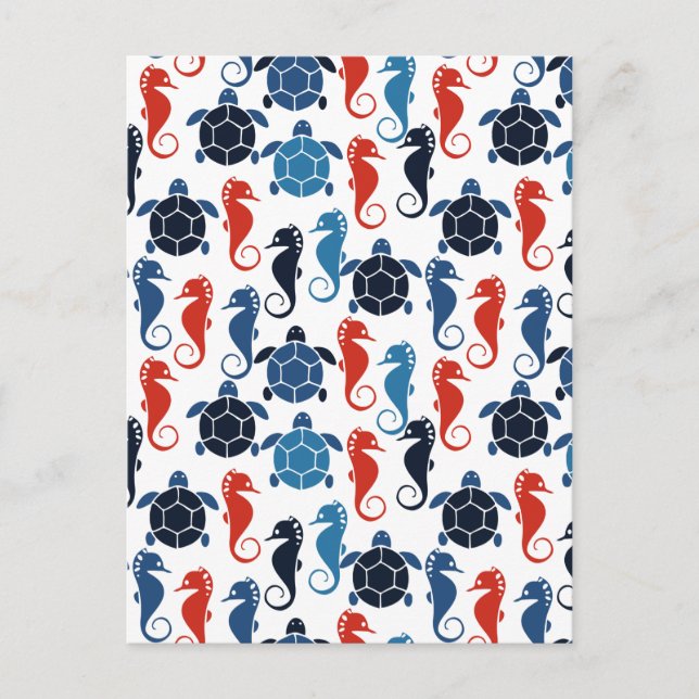 Blue Tropical Ocean Sea Turtle Seahorses Postcard (Front)