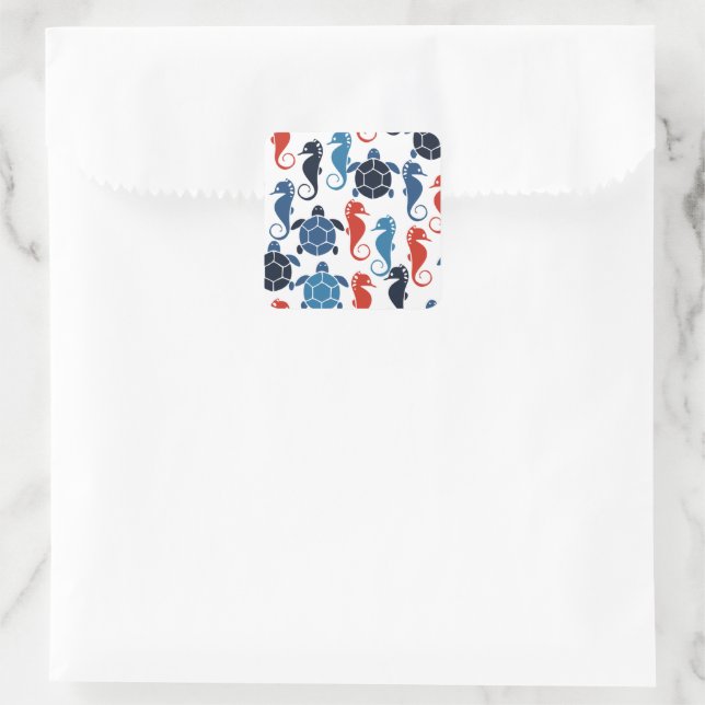 Blue Tropical Ocean Sea Turtle Seahorses Square Sticker (Bag)