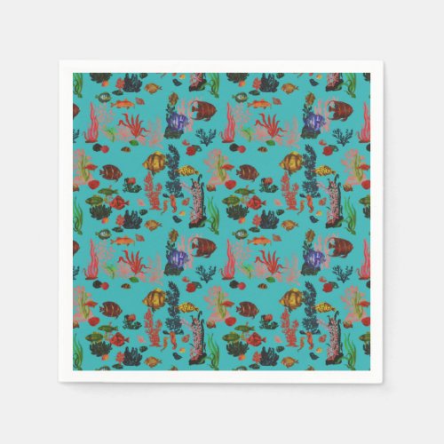 Blue Tropical Ocean Sealife Paradise Watercolor Napkins