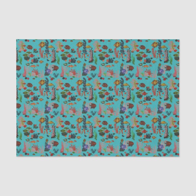 Blue Tropical Ocean Sealife Paradise Watercolor Tissue Paper (Front)