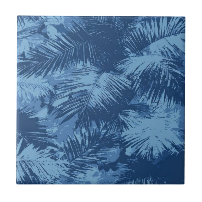 Blue Tropical Palm Leaf Ceramic Tile (Front)