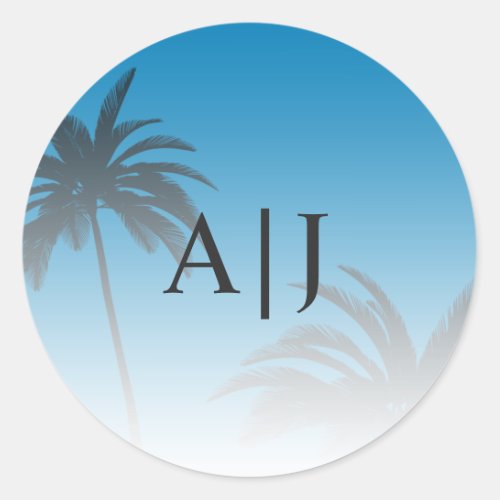 Blue Tropical Palm Tree Beach Monogram Wedding Classic Round Sticker
