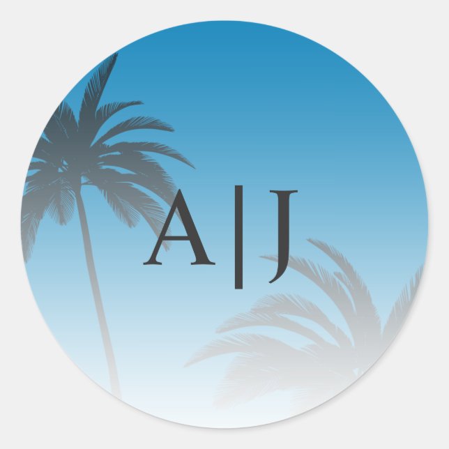 Blue Tropical Palm Tree Beach Monogram Wedding Classic Round Sticker (Front)