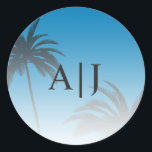Blue Tropical Palm Tree Beach Monogram Wedding Classic Round Sticker<br><div class="desc">Seal your wedding invitation envelopes or wedding favors with these elegant tropical palm tree monogram stickers featuring your monogram initials against a bright Ibiza blue sky. If you need any help or matching products, please contact us through our store. We're happy to help you make your wedding the most beautiful...</div>