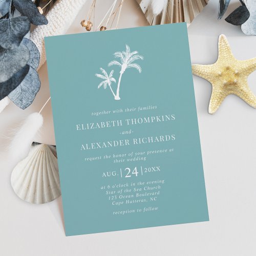 Blue Tropical Palm Tree Beach Wedding Invitation