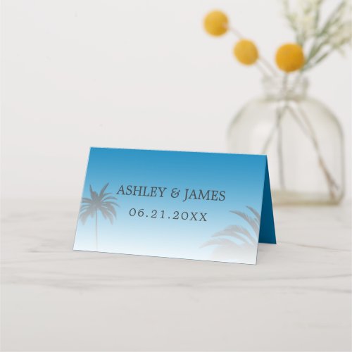 Blue Tropical Palm Tree Beach Wedding Place Card