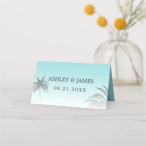 Blue Tropical Palm Tree Beach Wedding Place Card