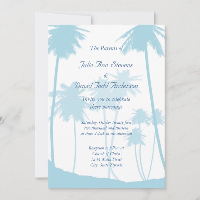 Blue Tropical Palm Tree Wedding Invitation (Front)
