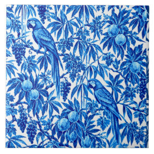 Blue Tropical Parrot Botanical Pattern Ceramic Tile