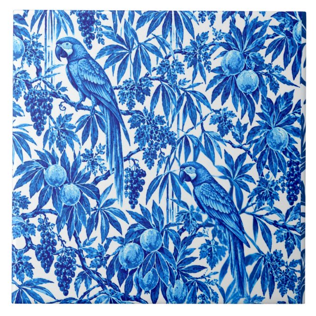 Blue Tropical Parrot Botanical Pattern Ceramic Tile (Front)