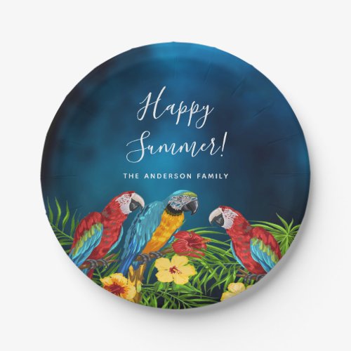 Blue tropical parrots happy summer paper plates