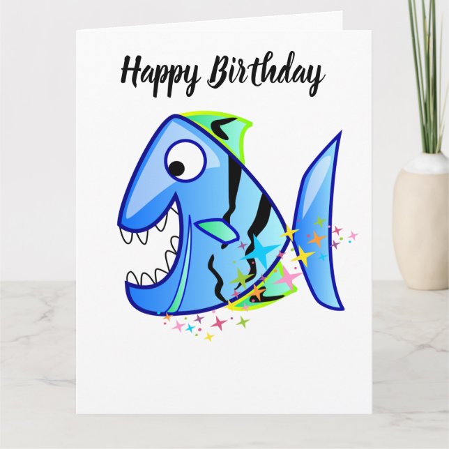 Blue Tropical Piranha with stars Card (Front)