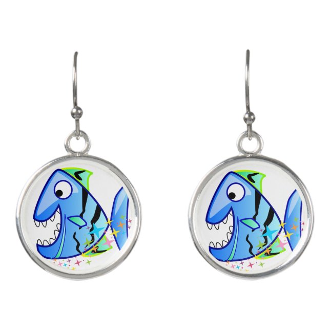 Blue Tropical Piranha with stars Earrings (Front)