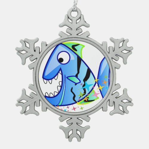 Blue Tropical Piranha with stars Snowflake Pewter Christmas Ornament