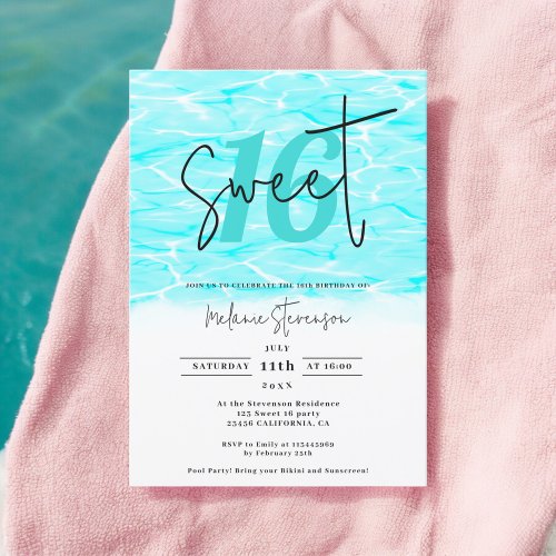 Blue tropical Summer Pool Party Sweet 16 birthday Invitation