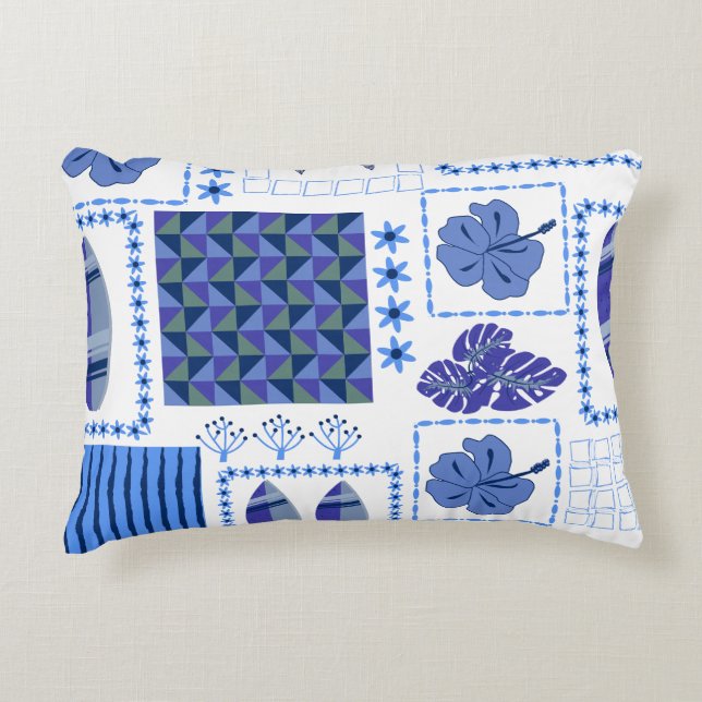 Blue Tropical Surfboard Hibiscus Pattern Accent Pillow (Front)