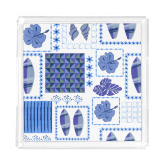 Blue Tropical Surfboard Hibiscus Pattern Acrylic Tray