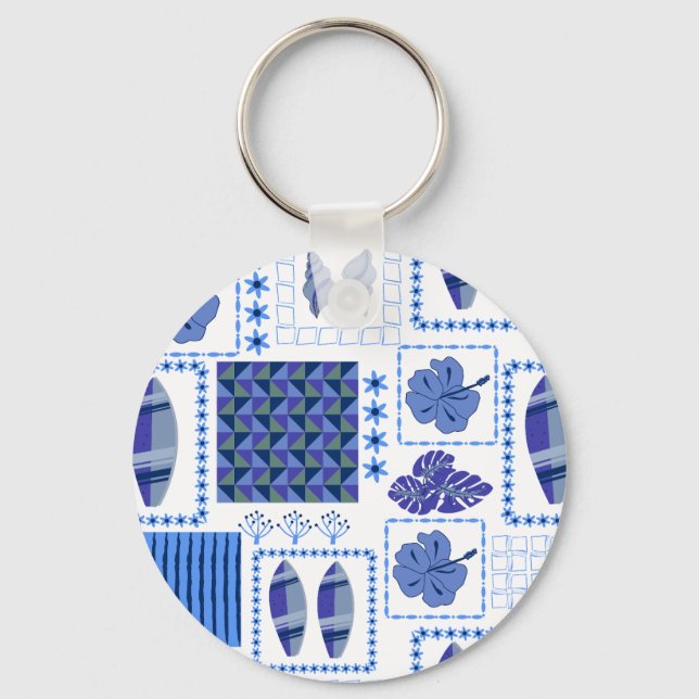 Blue Tropical Surfboard Hibiscus Pattern Keychain (Front)