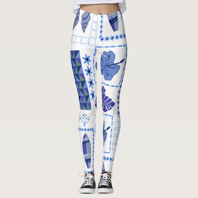 Blue Tropical Surfboard Hibiscus Pattern Leggings (Front)