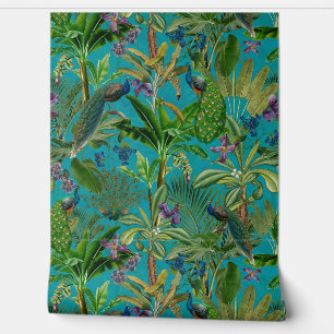 Blue Tropical Vintage Peacock Floral Rainforest Wallpaper