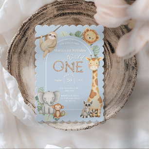 Blue Tropical Wild One Jungle Safari Animals Invitation