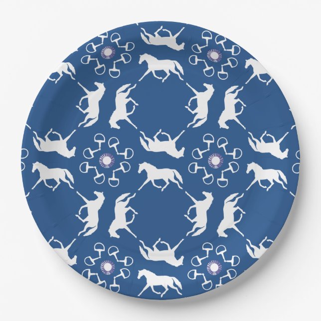 Blue Trotting Horses and Bits Pattern Paper Plates (Front)
