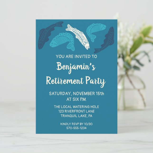 Blue Trout Fish Custom Retirement Party Invitation (Standing Front)