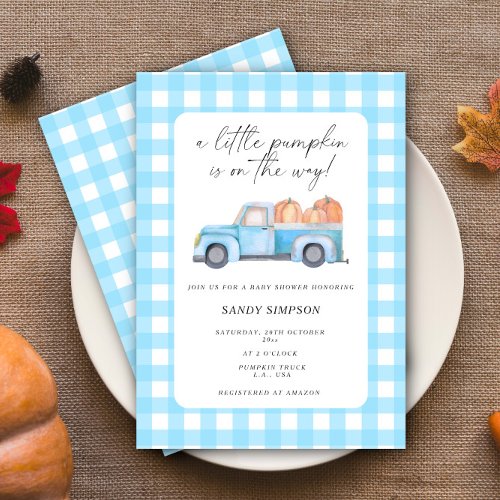 Blue Truck A Little Pumpkin Fall Baby Shower Invitation