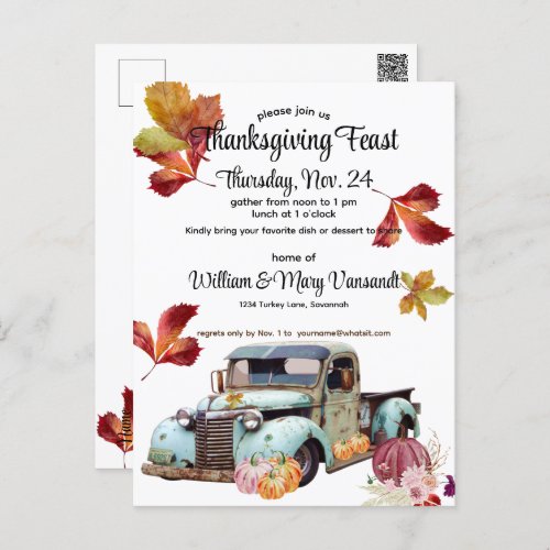 Blue Truck Autumn Leaves Thanksgiving Invitation