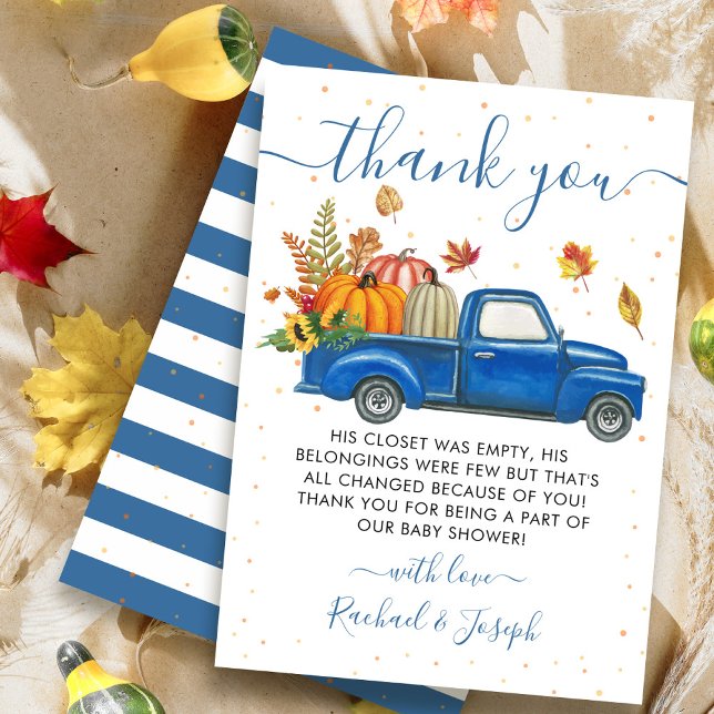 Blue Truck Autumn Pumpkin Fall Baby Shower Thank You Card (Creator Uploaded)