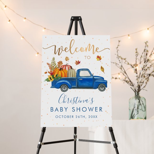 Blue Truck Autumn Pumpkin Fall Baby Shower Welcome Foam Board (In Situ (Stand))