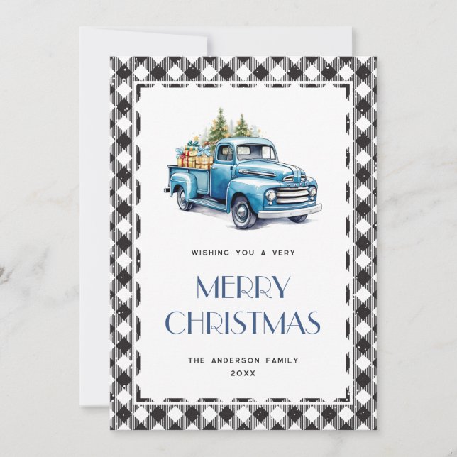 Blue Truck Black White Plaid Merry Christmas Card (Front)