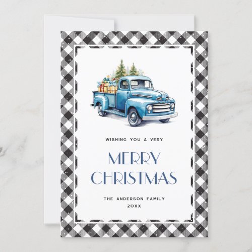 Blue Truck Black White Plaid Merry Christmas Card