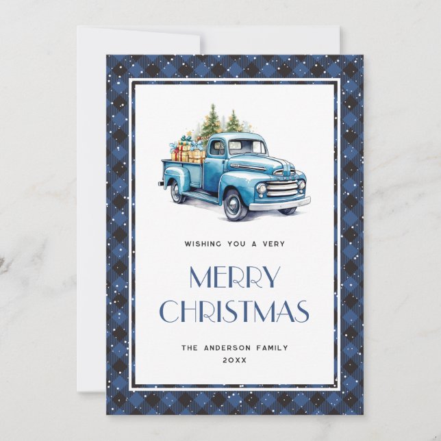 Blue Truck Buffalo Plaid Merry Christmas Cards (Front)