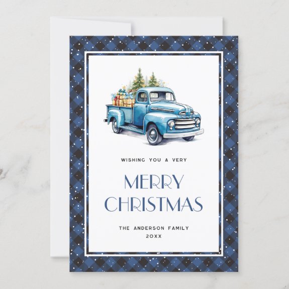 Blue Truck Buffalo Plaid Merry Christmas Card