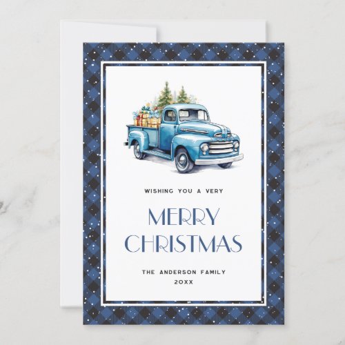 Blue Truck Buffalo Plaid Merry Christmas Cards