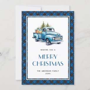 Blue Truck Buffalo Plaid Snow Merry Christmas Card