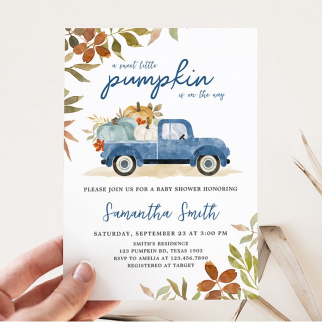 Blue Truck Fall Pumpkin Baby Shower Invitation (Blue Truck Fall Baby Shower Invitation)