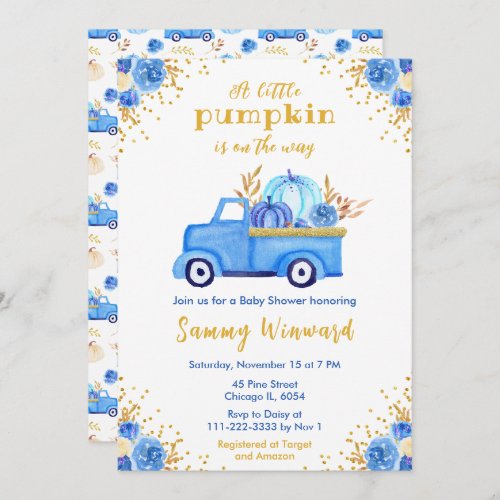 Blue Truck Fall Pumpkin Baby Shower Invitation