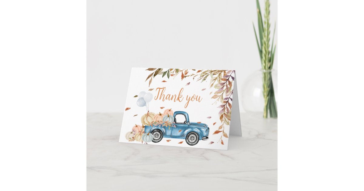 Blue Truck Fall Pumpkin Baby Shower Thank You Card | Zazzle