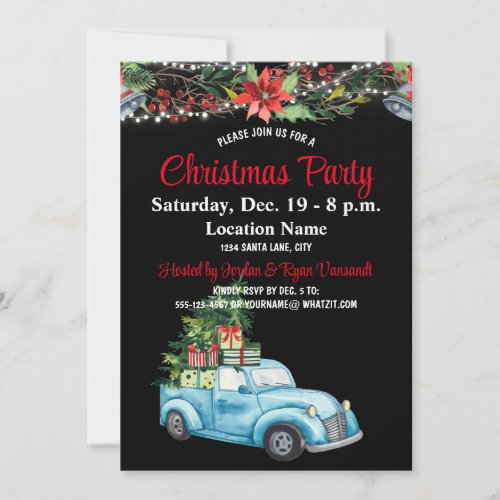 Blue Truck Lights Foliage Xmas Party Invitation