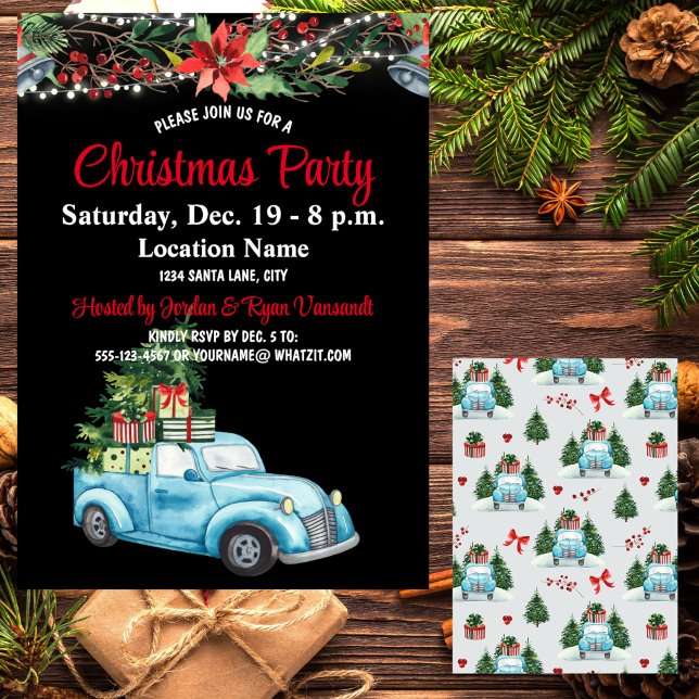 Blue Truck, Lights Foliage Xmas Party Invitation (Creator Uploaded)
