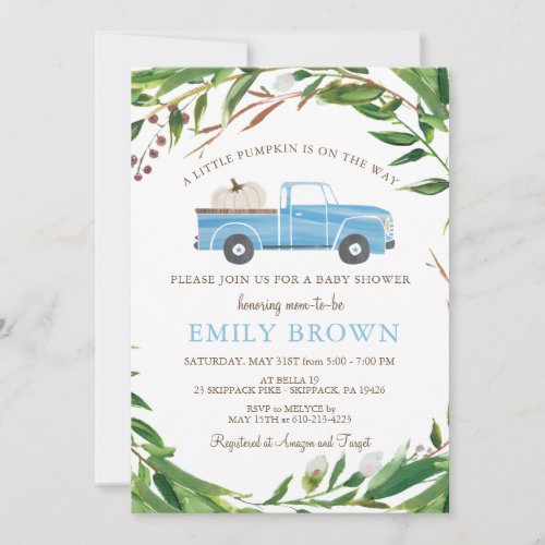  Blue Truck Little PUMPKIN Boy BABY SHOWER Invitat Invitation