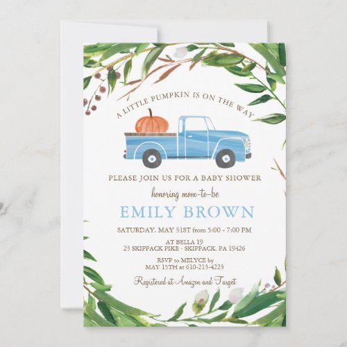  Blue Truck Little PUMPKIN Boy BABY SHOWER Invitat Invitation